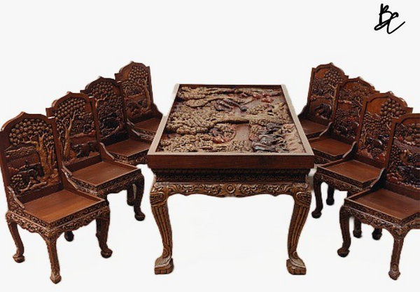 Zwina Hand Carved Mango Wood 8 Seater Dining Table Set